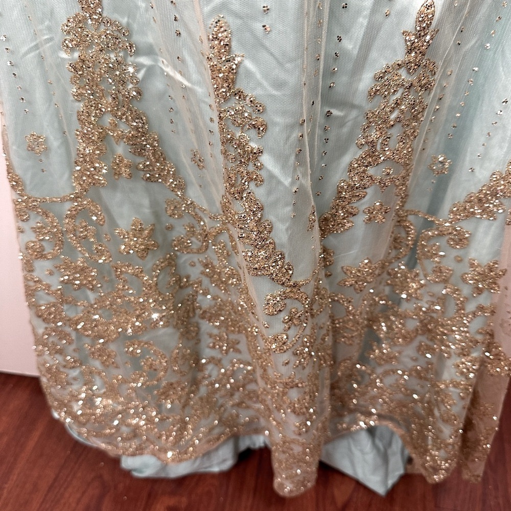 Minuet Mint Strapless Heavily Gold Glitter Embellished Bottom Formal Dress NWT S - Picture 8 of 16